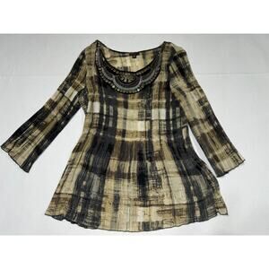 PIANO Pleated Tunic Blouse Brown Black Abstract Print Bell Sleeve Beaded Neck XL